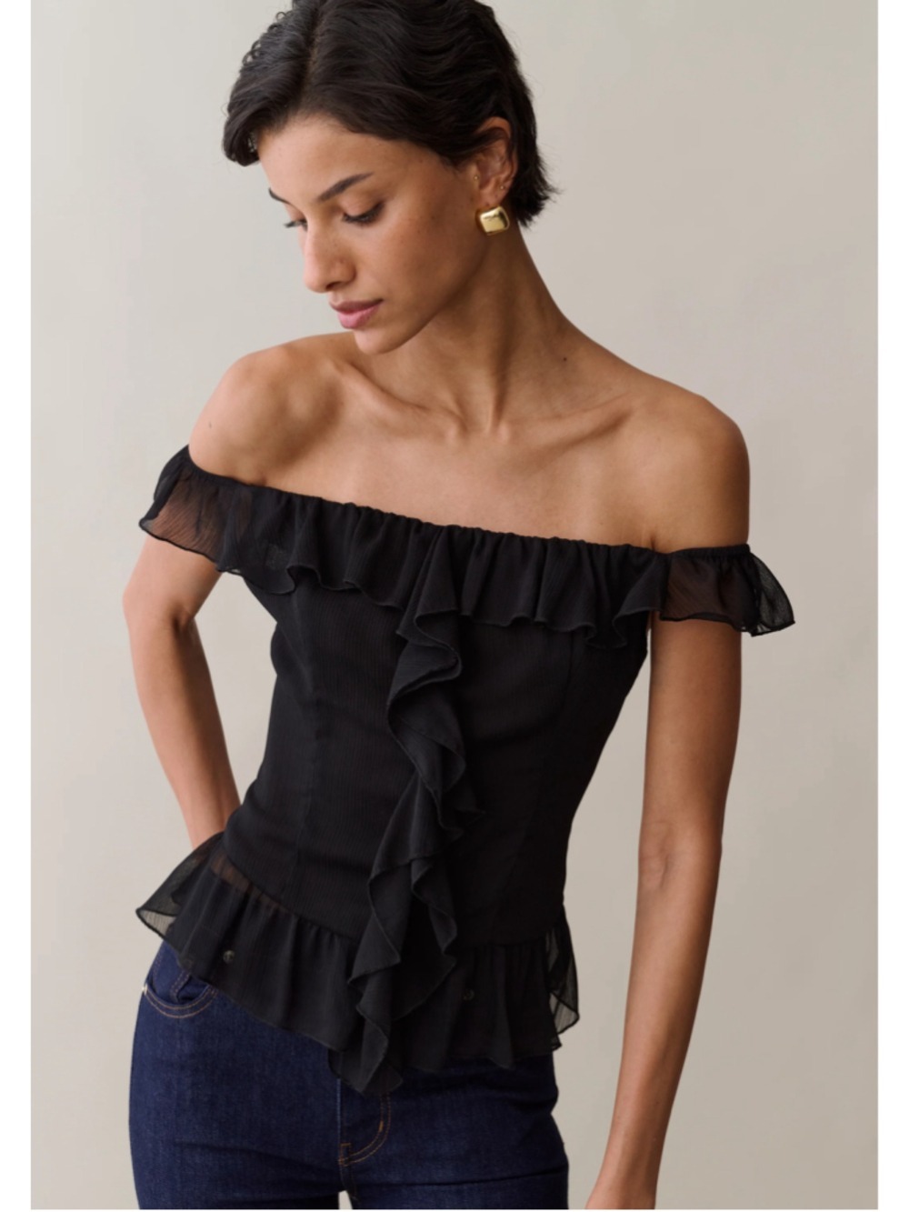 Women's Kourt Black Off-Shoulder Ruffle Blouse Size 2